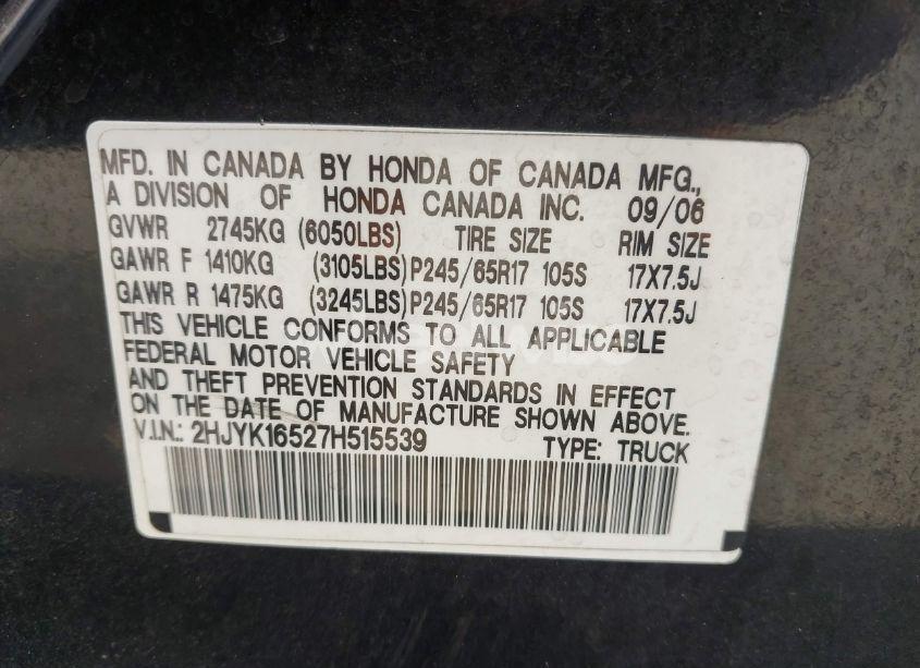 Photo 9 of 2007 Honda Ridgeline RTL (VIN 2HJYK16527H515539)