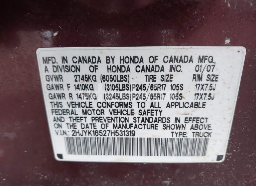 Photo 9 of 2007 Honda Ridgeline RTL (VIN 2HJYK16527H531319)