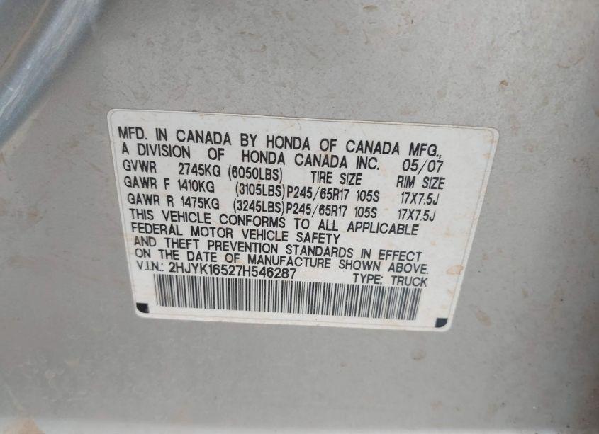 Photo 9 of 2007 Honda Ridgeline RTL (VIN 2HJYK16527H546287)