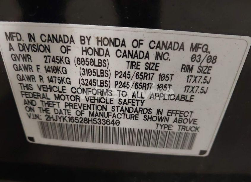 Photo 9 of 2008 Honda Ridgeline RTL (VIN 2HJYK16528H533640)