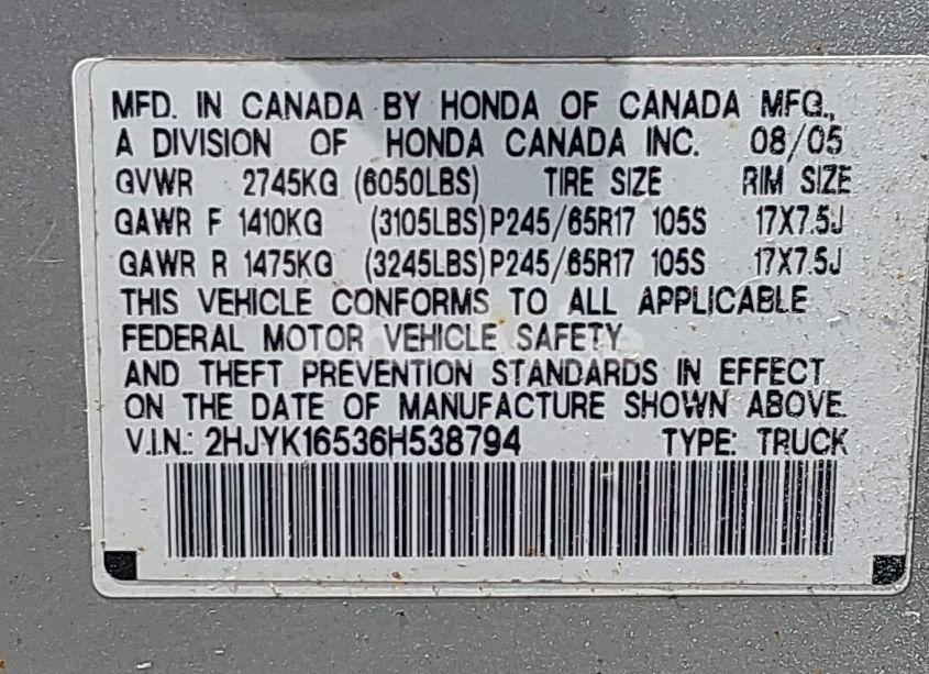 Photo 9 of 2006 Honda Ridgeline RTL (VIN 2HJYK16536H538794)