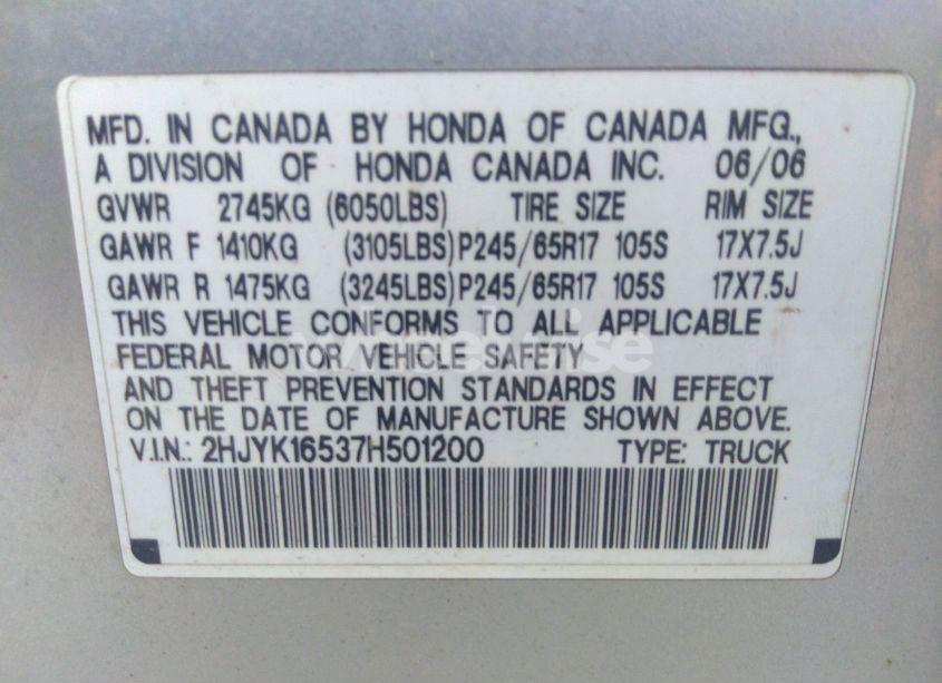 Photo 9 of 2007 Honda Ridgeline RTL (VIN 2HJYK16537H501200)