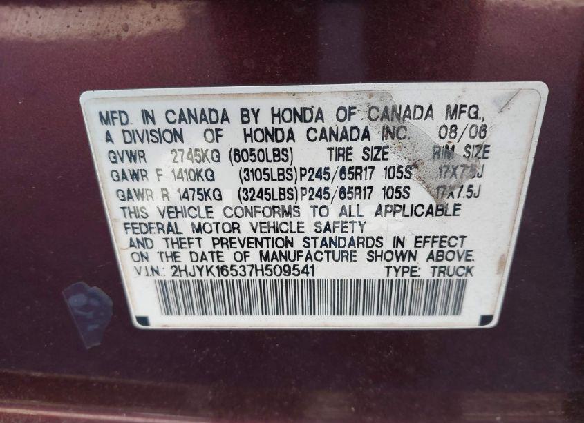 Photo 9 of 2007 Honda Ridgeline RTL (VIN 2HJYK16537H509541)