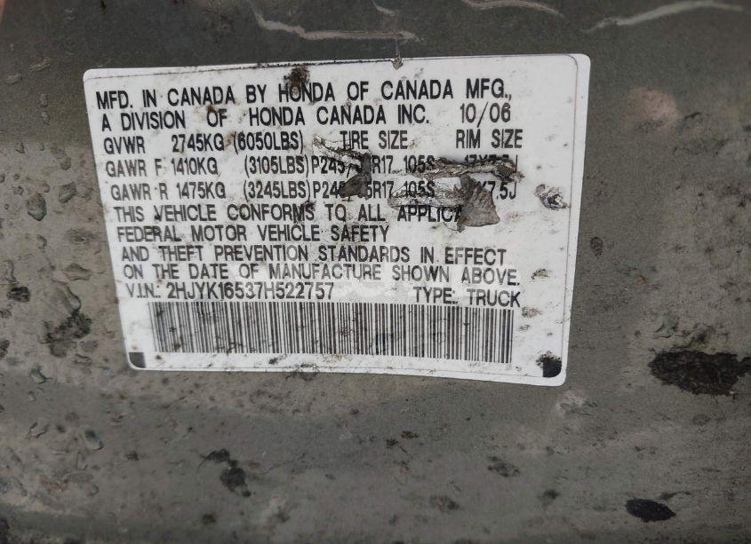 Photo 9 of 2007 Honda Ridgeline RTL (VIN 2HJYK16537H522757)