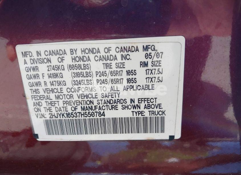 Photo 9 of 2007 Honda Ridgeline RTL (VIN 2HJYK16537H550784)