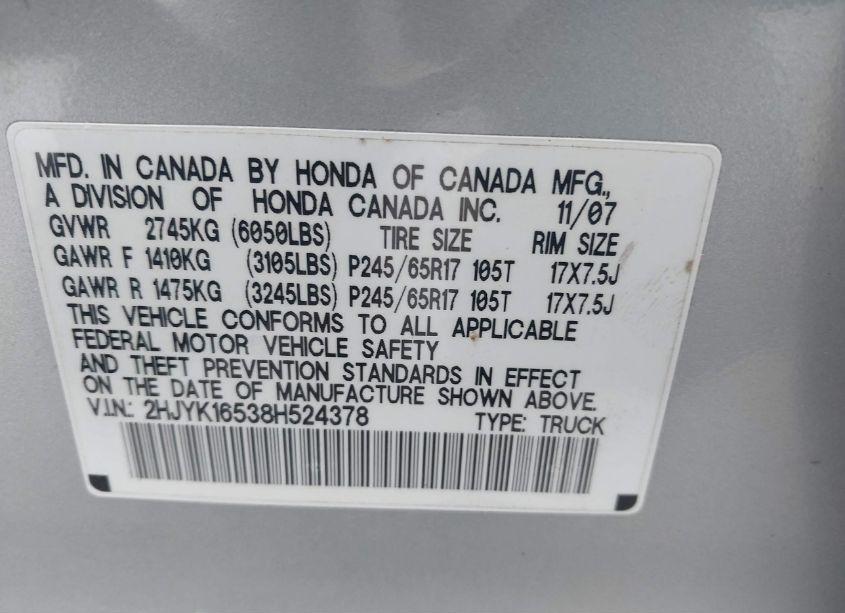 Photo 9 of 2008 Honda Ridgeline RTL (VIN 2HJYK16538H524378)