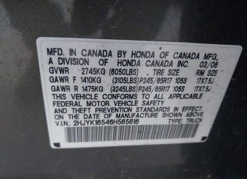 Photo 9 of 2006 Honda Ridgeline RTL (VIN 2HJYK16546H565616)