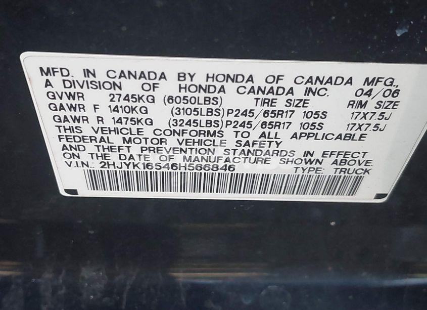 Photo 9 of 2006 Honda Ridgeline RTL (VIN 2HJYK16546H566846)