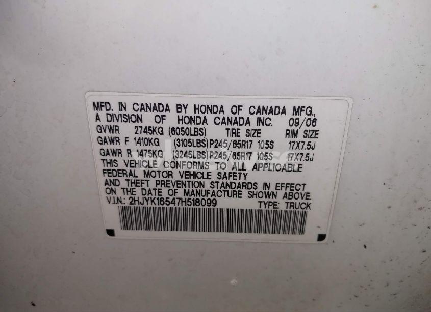 Photo 9 of 2007 Honda Ridgeline RTL (VIN 2HJYK16547H518099)