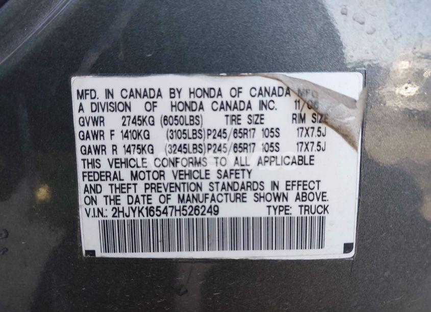 Photo 9 of 2007 Honda Ridgeline RTL (VIN 2HJYK16547H526249)