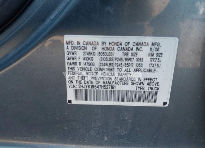 Photo 9 of 2007 Honda Ridgeline RTL (VIN 2HJYK16547H527191)