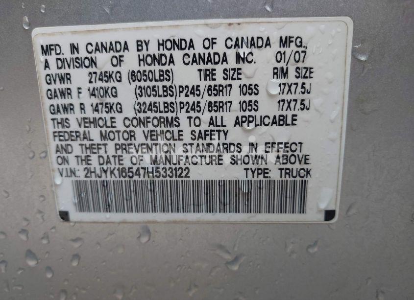 Photo 9 of 2007 Honda Ridgeline RTL (VIN 2HJYK16547H533122)