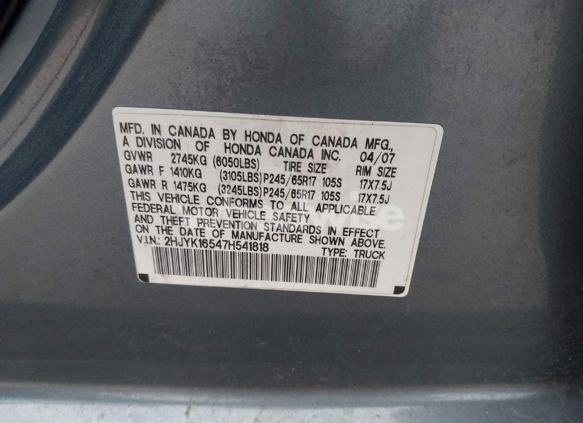 Photo 9 of 2007 Honda Ridgeline RTL (VIN 2HJYK16547H541818)