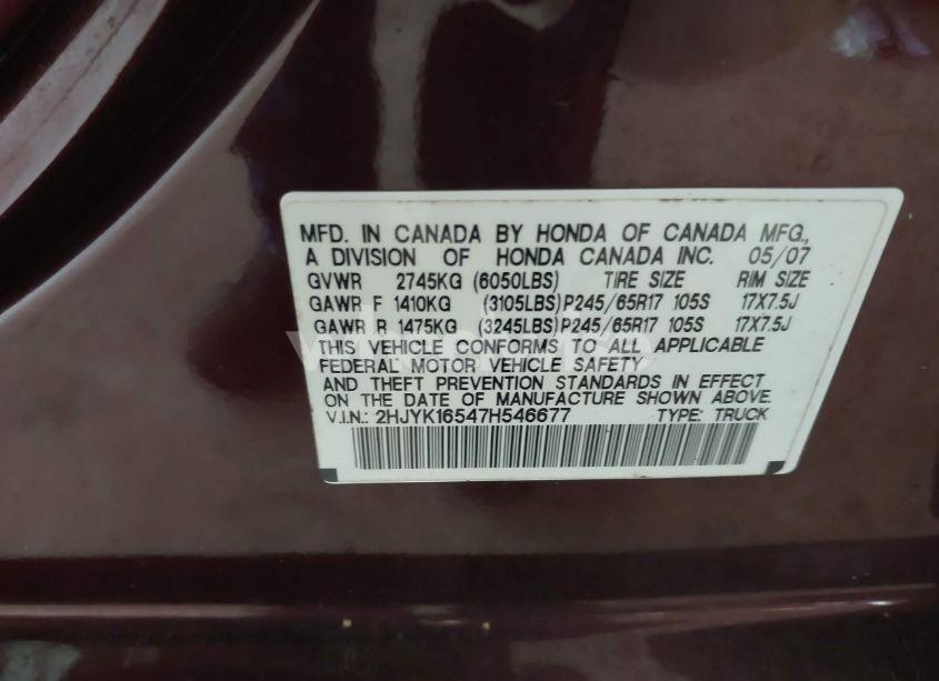 Photo 9 of 2007 Honda Ridgeline RTL (VIN 2HJYK16547H546677)