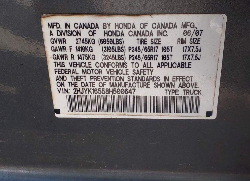 Photo 9 of 2008 Honda Ridgeline RTL (VIN 2HJYK16558H500647)