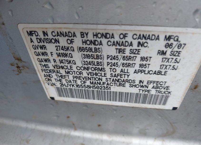 Photo 9 of 2008 Honda Ridgeline RTL (VIN 2HJYK16558H502351)