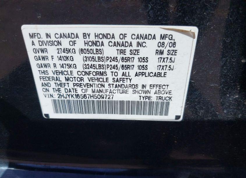 Photo 9 of 2007 Honda Ridgeline RTL (VIN 2HJYK16567H509727)