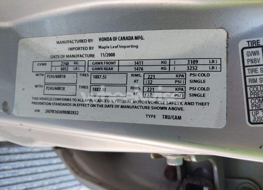 Photo 9 of 2009 Honda Ridgeline RTL (VIN 2HJYK16569H002832)