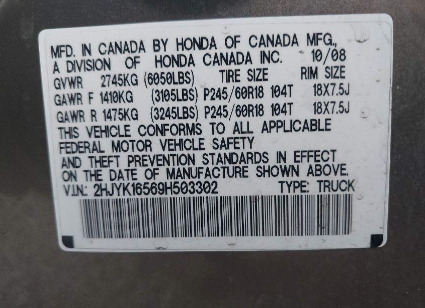 Photo 9 of 2009 Honda Ridgeline RTL (VIN 2HJYK16569H503302)