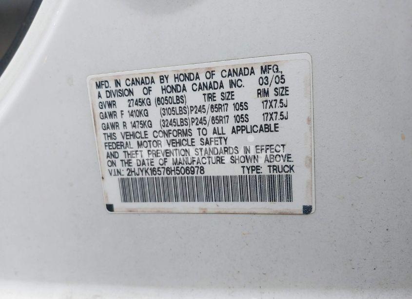 Photo 9 of 2006 Honda Ridgeline RTL (VIN 2HJYK16576H506978)