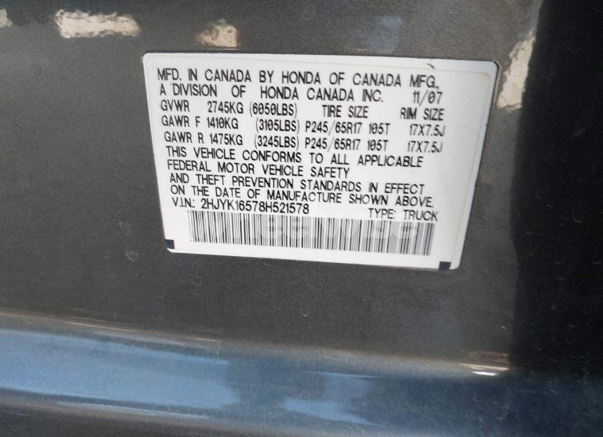 Photo 9 of 2008 Honda Ridgeline RTL (VIN 2HJYK16578H521578)