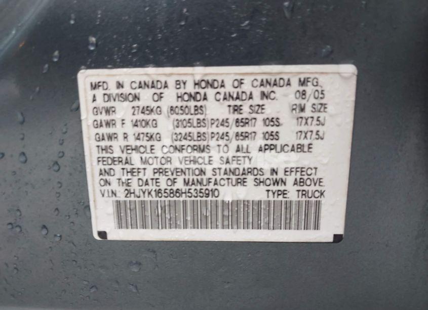 Photo 9 of 2006 Honda Ridgeline RTL (VIN 2HJYK16586H535910)
