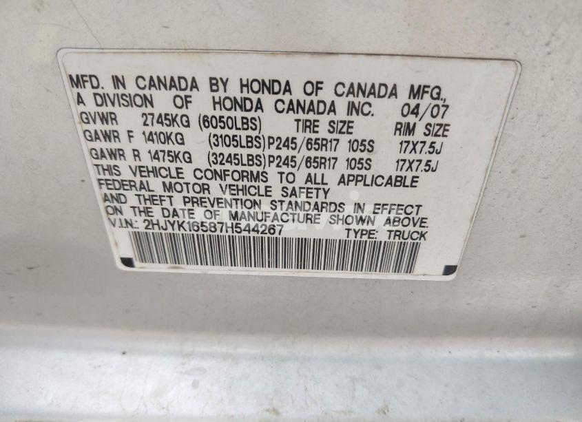 Photo 9 of 2007 Honda Ridgeline RTL (VIN 2HJYK16587H544267)