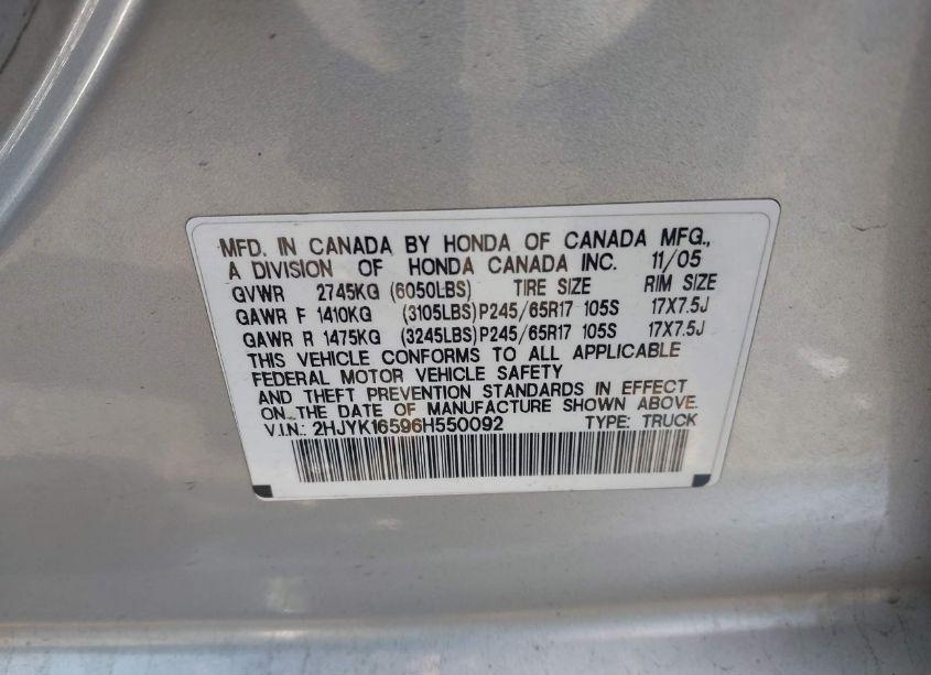 Photo 9 of 2006 Honda Ridgeline RTL (VIN 2HJYK16596H550092)