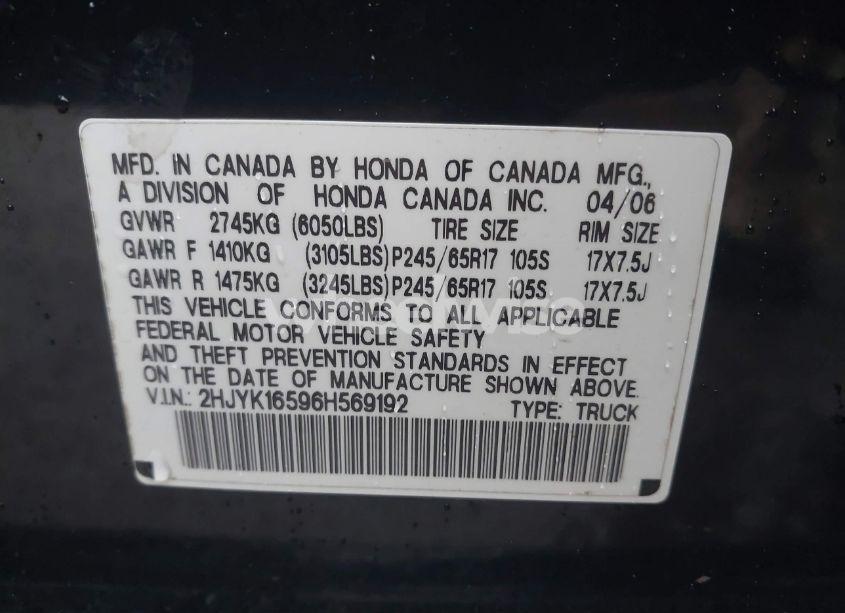 Photo 9 of 2006 Honda Ridgeline RTL (VIN 2HJYK16596H569192)