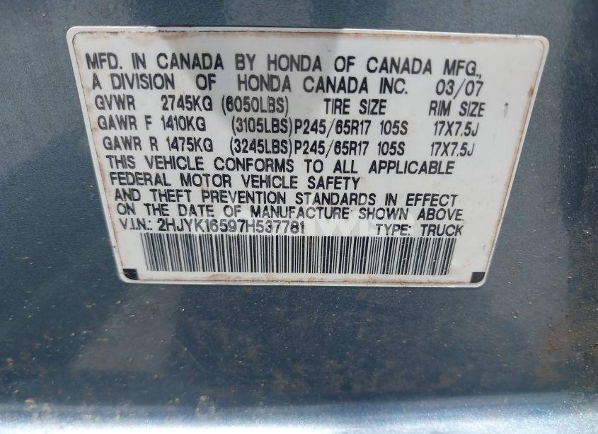 Photo 9 of 2007 Honda Ridgeline RTL (VIN 2HJYK16597H537781)