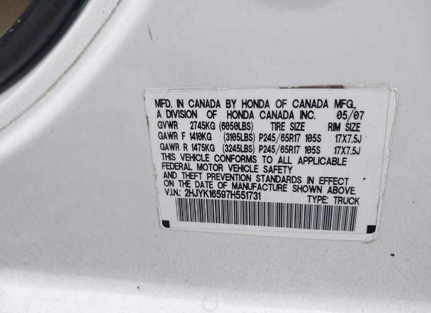 Photo 9 of 2007 Honda Ridgeline RTL (VIN 2HJYK16597H551731)