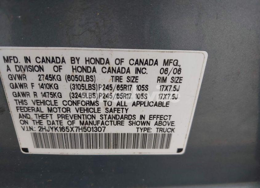 Photo 9 of 2007 Honda Ridgeline RTL (VIN 2HJYK165X7H501307)