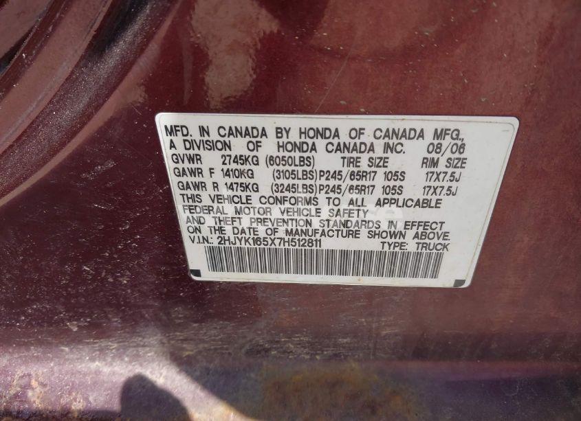 Photo 9 of 2007 Honda Ridgeline RTL (VIN 2HJYK165X7H512811)