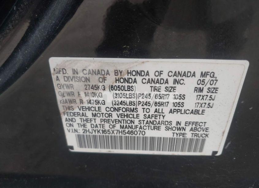 Photo 9 of 2007 Honda Ridgeline RTL (VIN 2HJYK165X7H546070)