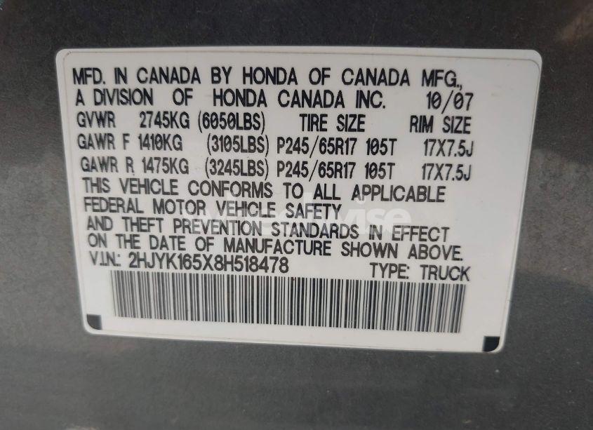 Photo 9 of 2008 Honda Ridgeline RTL (VIN 2HJYK165X8H518478)