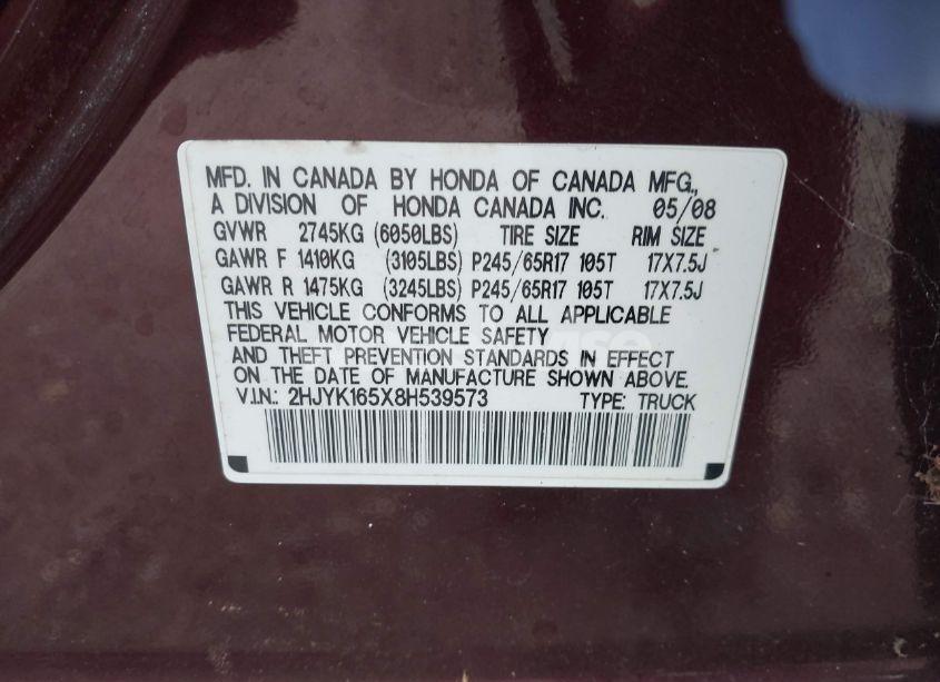 Photo 9 of 2008 Honda Ridgeline RTL (VIN 2HJYK165X8H539573)