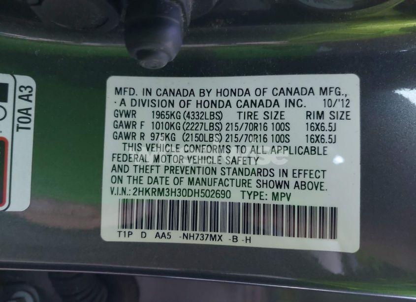 Photo 9 of 2013 Honda Cr-v LX (VIN 2HKRM3H30DH502690)