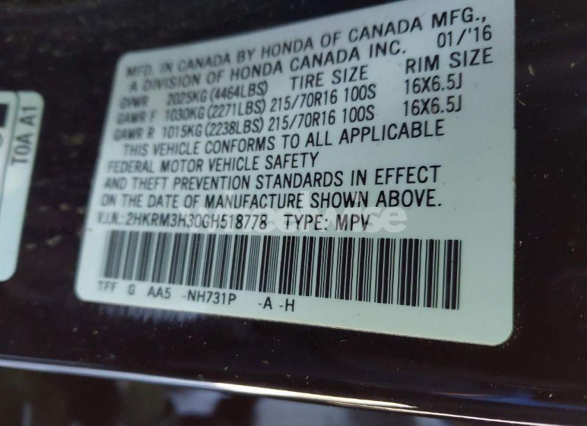 Photo 9 of 2016 Honda Cr-v LX (VIN 2HKRM3H30GH518778)