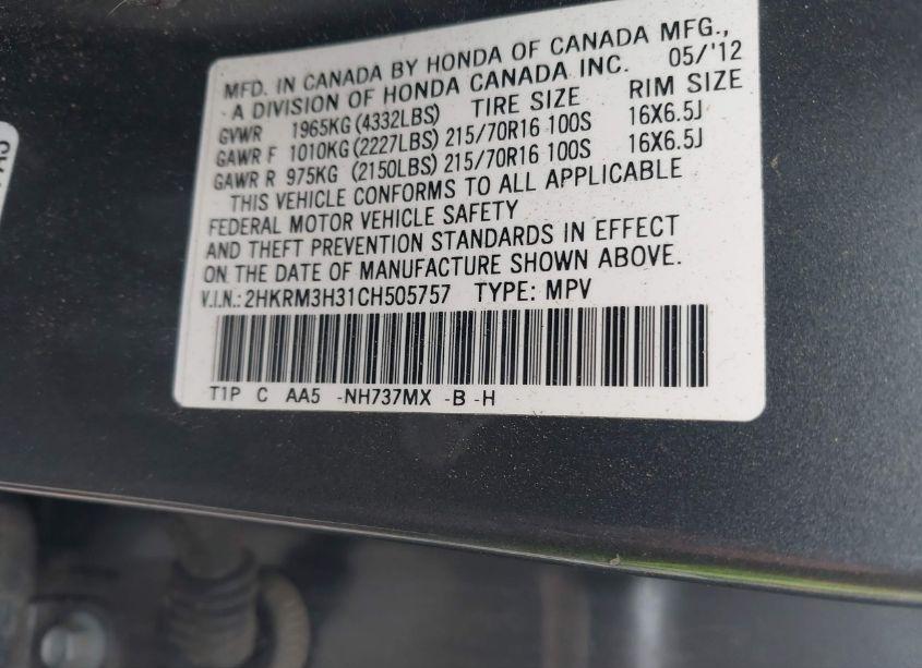 Photo 9 of 2012 Honda Cr-v LX (VIN 2HKRM3H31CH505757)