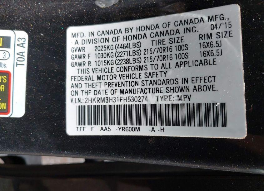 Photo 9 of 2015 Honda Cr-v LX (VIN 2HKRM3H31FH530274)