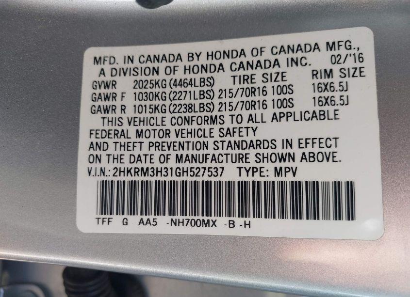 Photo 9 of 2016 Honda Cr-v LX (VIN 2HKRM3H31GH527537)