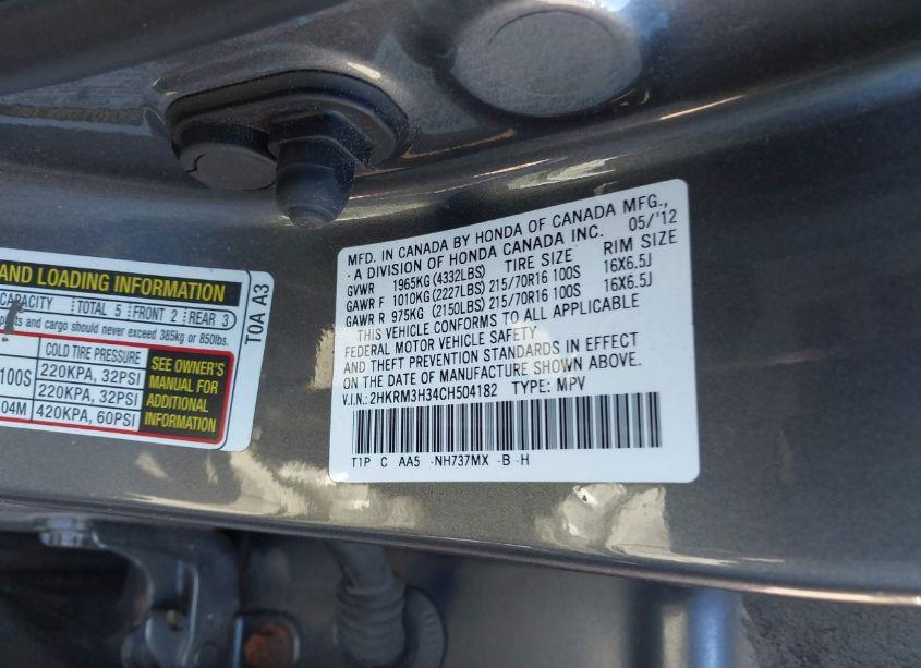 Photo 9 of 2012 Honda Cr-v LX (VIN 2HKRM3H34CH504182)