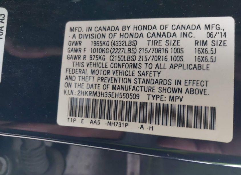 Photo 9 of 2014 Honda Cr-v LX (VIN 2HKRM3H35EH550509)