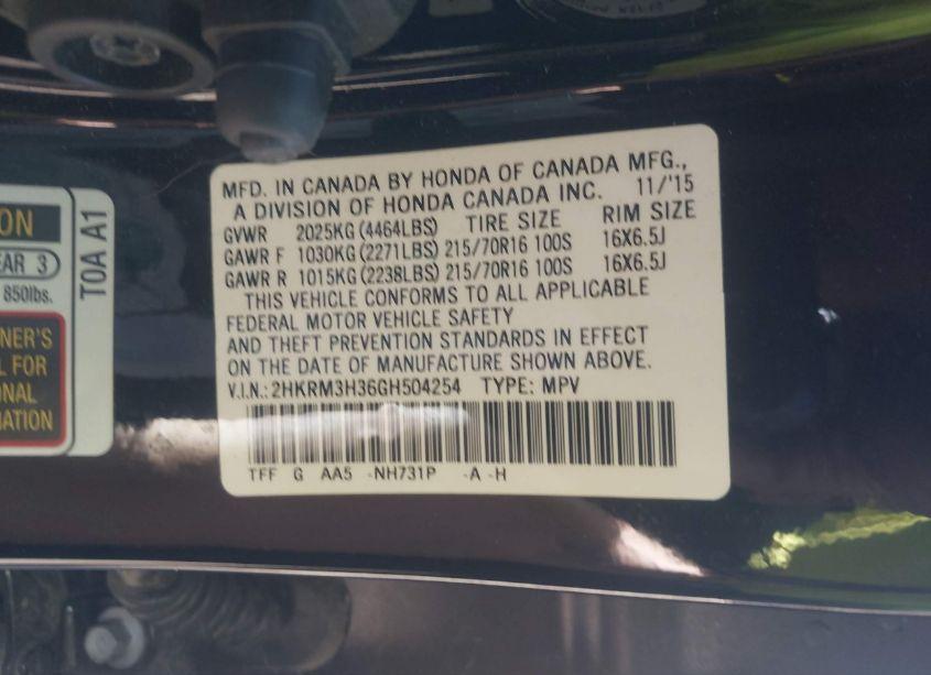 Photo 9 of 2016 Honda Cr-v LX (VIN 2HKRM3H36GH504254)