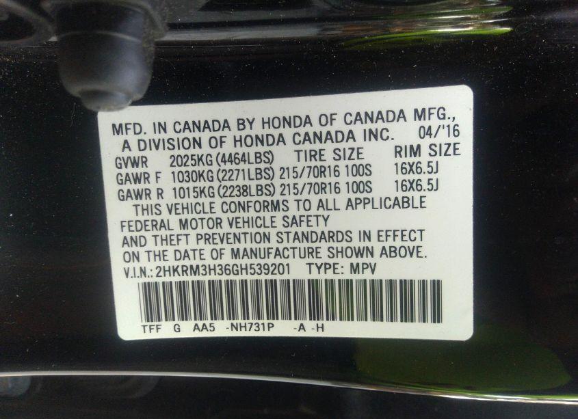 Photo 9 of 2016 Honda Cr-v LX (VIN 2HKRM3H36GH539201)