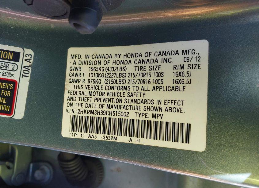 Photo 9 of 2012 Honda Cr-v LX (VIN 2HKRM3H39CH515002)