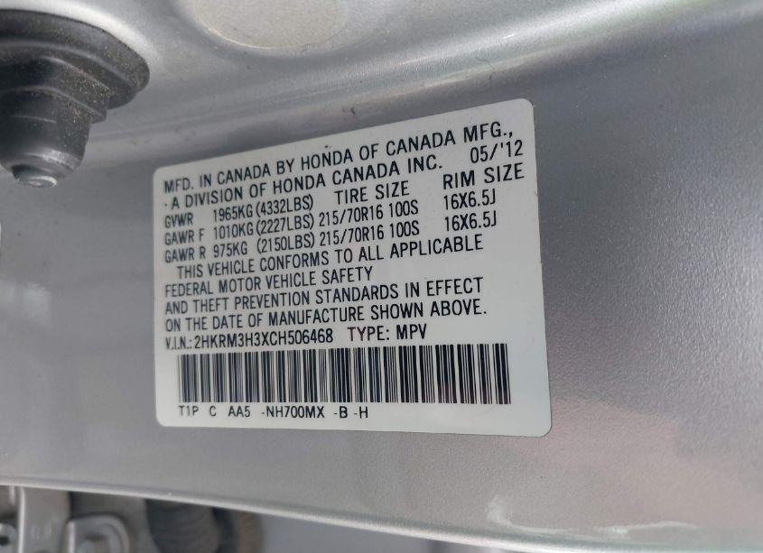 Photo 9 of 2012 Honda Cr-v LX (VIN 2HKRM3H3XCH506468)