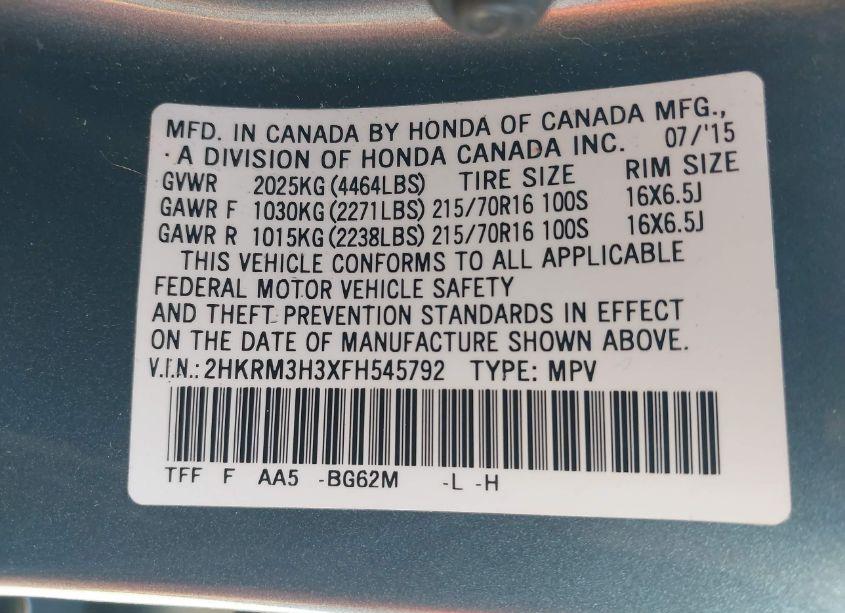 Photo 9 of 2015 Honda Cr-v LX (VIN 2HKRM3H3XFH545792)