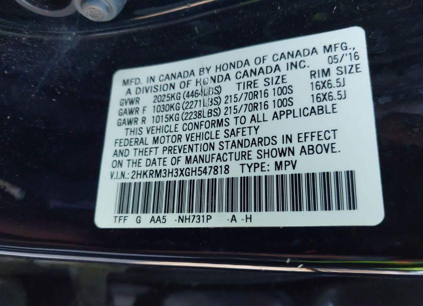 Photo 9 of 2016 Honda Cr-v LX (VIN 2HKRM3H3XGH547818)