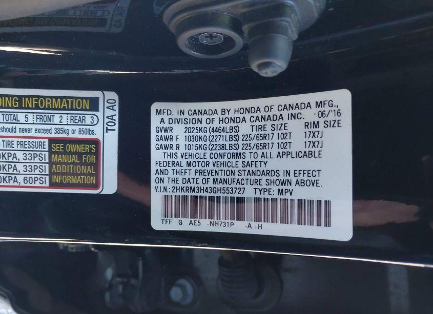 Photo 9 of 2016 Honda Cr-v SE (VIN 2HKRM3H43GH553727)